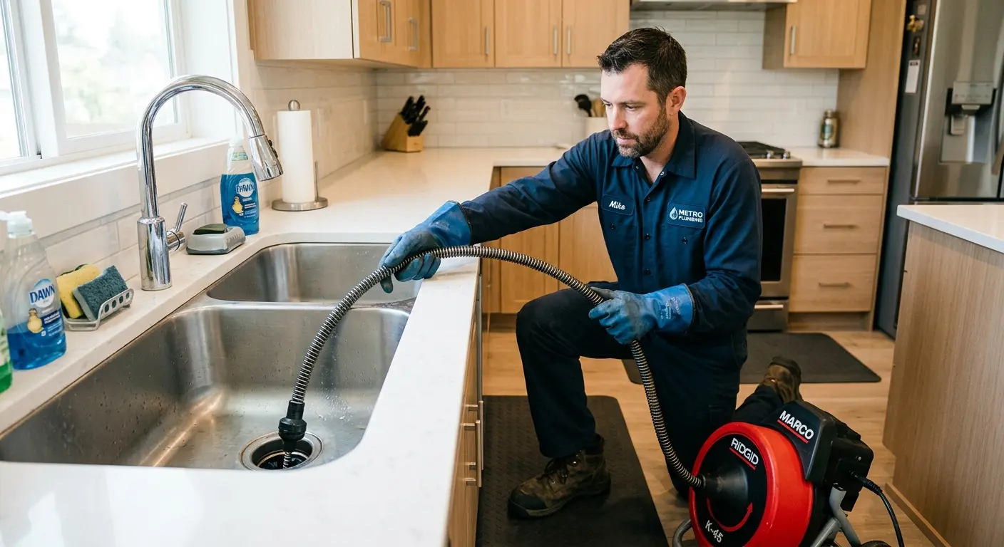 Drain cleaning technician using a motorized snake on a kitchen sink in Dunbar