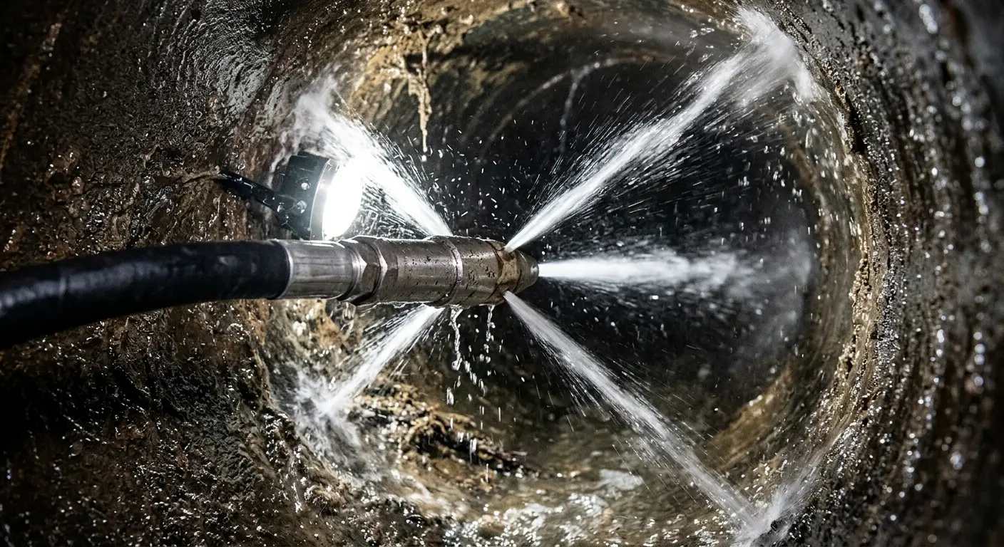High-pressure hydro jetting nozzle cleaning sewer pipe for Trenchless Sewer Repair in Dunbar
