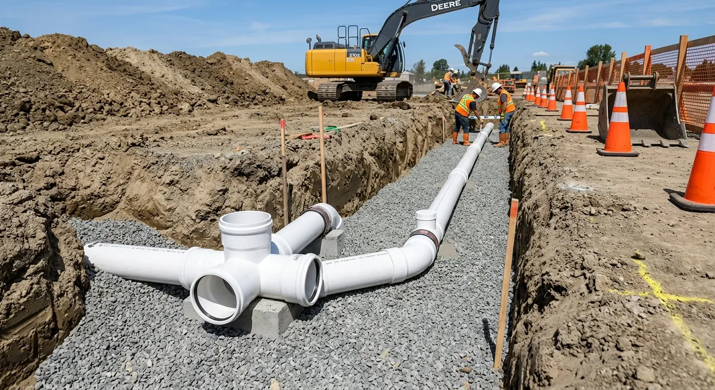 New PVC sewer pipe installation in open trench for Commercial Drain Cleaning in Dunbar