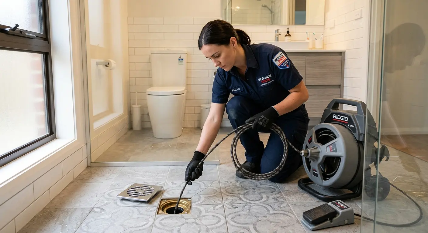 Technician clearing a bathroom floor drain for Sewer Line Replacement in Dunbar
